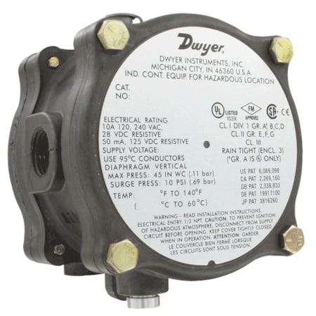 Dwyer Instruments Pressure Switch, Standard, SPDT, 1/8" FNPT, 0.15 to 0.50 in  H2O Range 1950G-0-B-24-NA